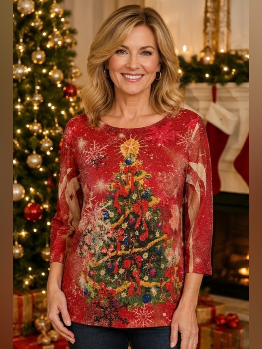 Ugly Christmas Top Simplici-Tee Decorated Christmas Tree Front & Back Woman’s S